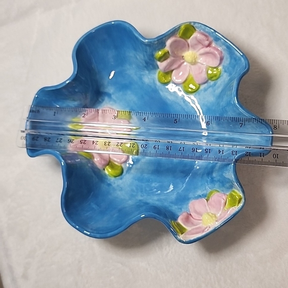 Handmade Ceramic Dish Glazed Blue with Pink Flowers 7" Unique Wavy Edge Bowl - Picture 5 of 14